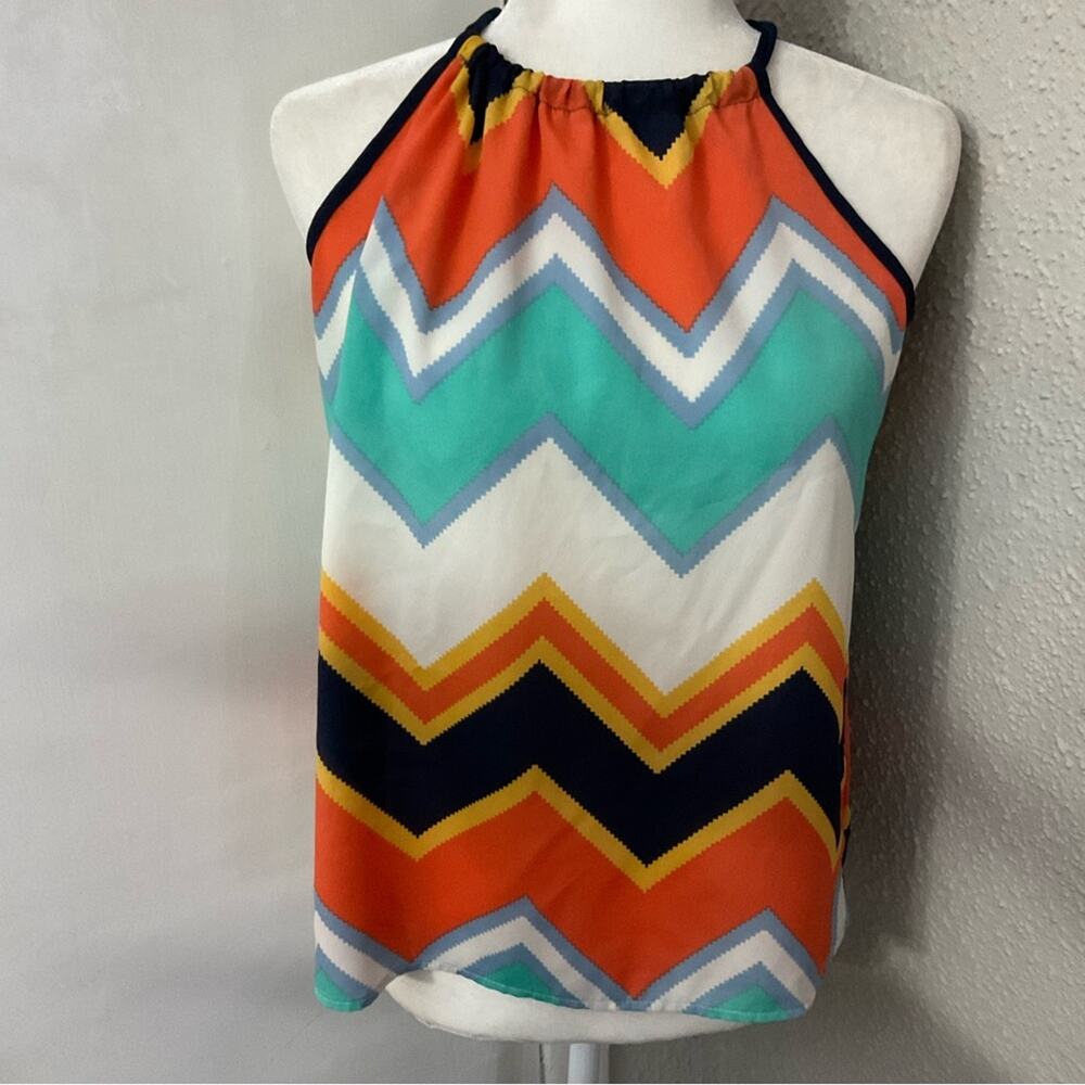 TEENPLO Chevron Print Halter Top S Dopamine Boho Coconut Girl Festival Rainbow
